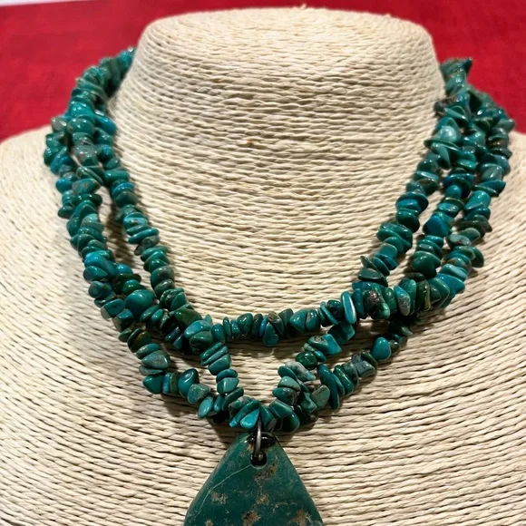 🔵LOVED GENUINE TURQUOISE VINTAGE STERLING SILVER PENDANT MULTI-STRAND NECKLACE - Picture 12 of 12